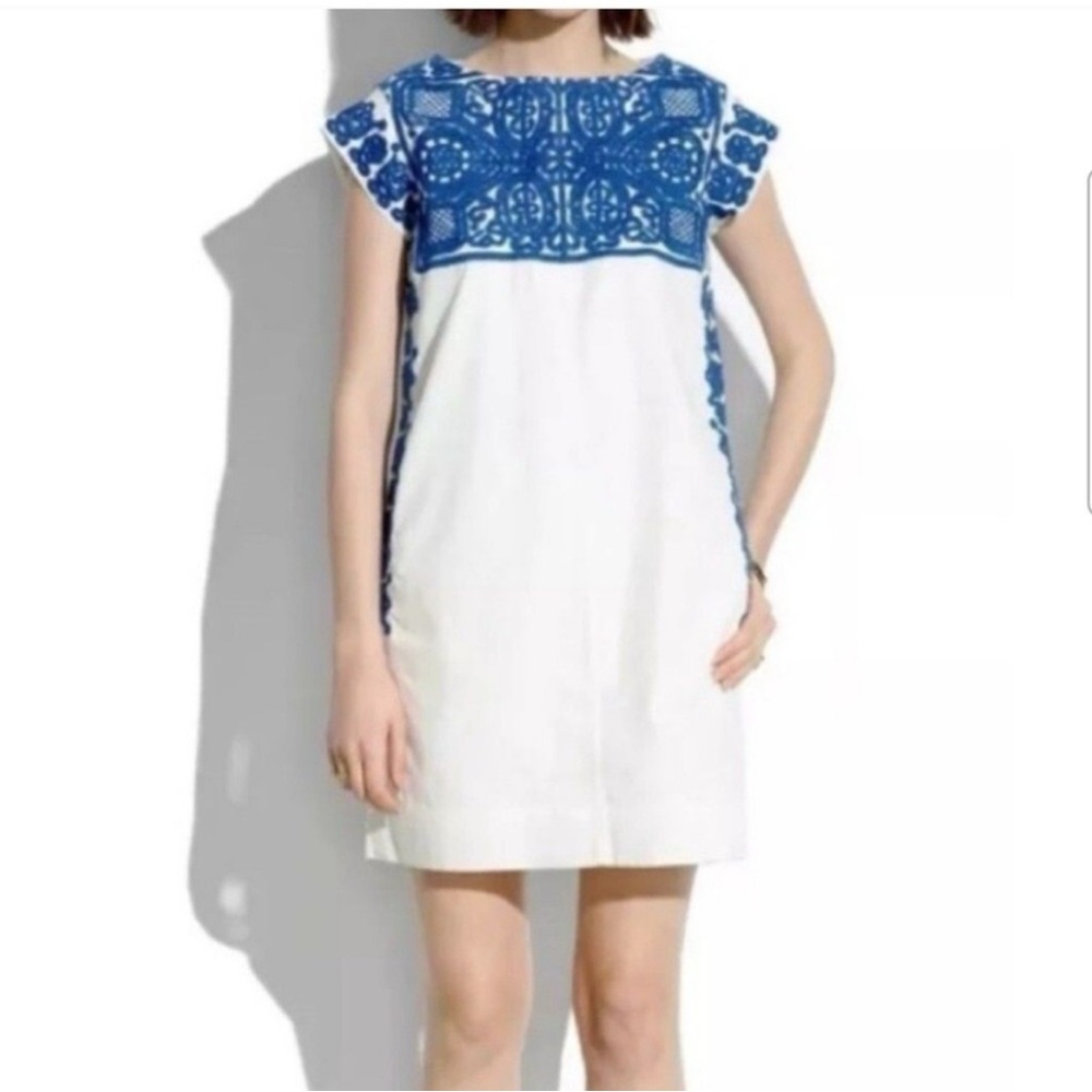 Madewell Blue and White Embroidered Shift Dress